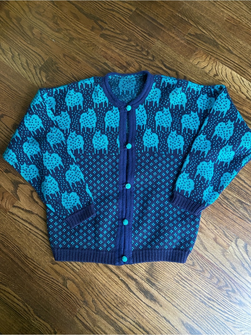 Vintage Halling Norway Norwegian Teal and Navy Patterned Cardigan Sweater - Picture 2 of 14